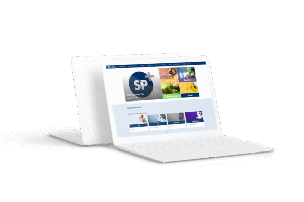 Software Solutions menu A laptop highlighting Southpac Plus comprehensive software for Quality, Safety, and Environmental management systems.