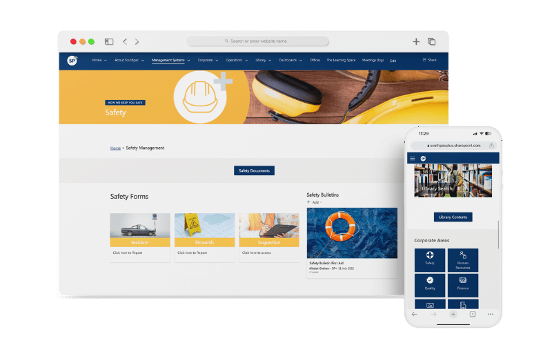 A screenshot of Southpac Plus’s website on a computer and smartphone shows the ease of use to manage and improve Safety Management Systems.